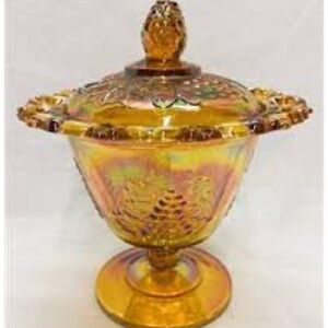 Vintage Indiana Carnival Autumn Harvest Amber Iridescent Glass Dish With Cover